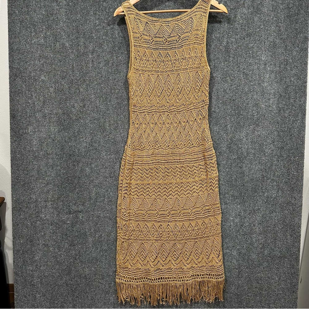 Lauren Ralph Lauren crochet linen beach cover up dress LARGE fringe tan gold - Picture 6 of 8